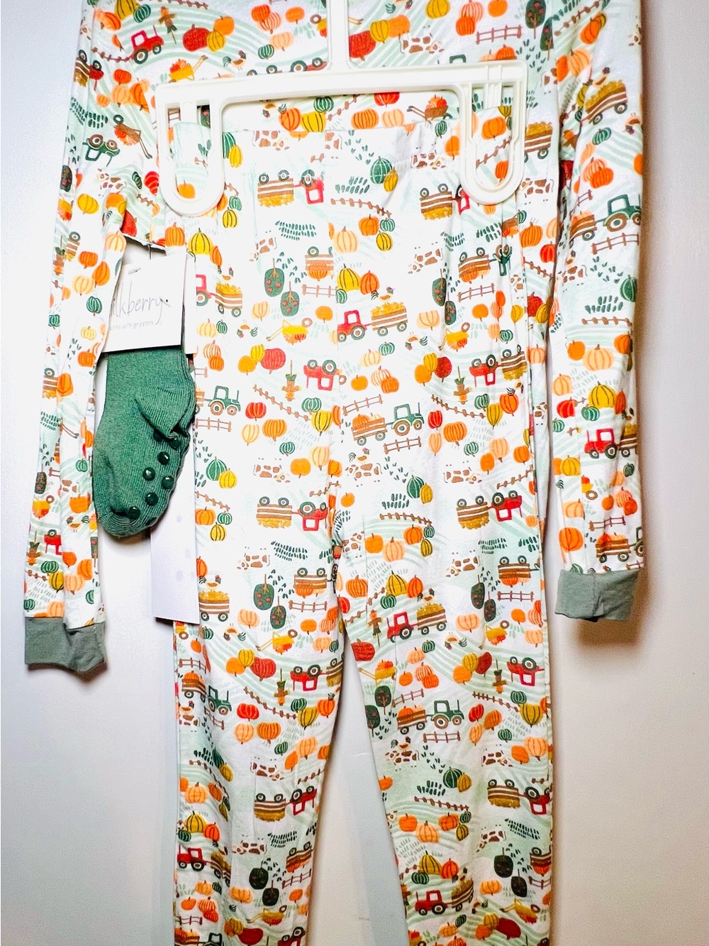 Kids 4T Pumpkin Harvest Pajama Set & Socks Green & Orange Rayon from Bamboo - Picture 6 of 13